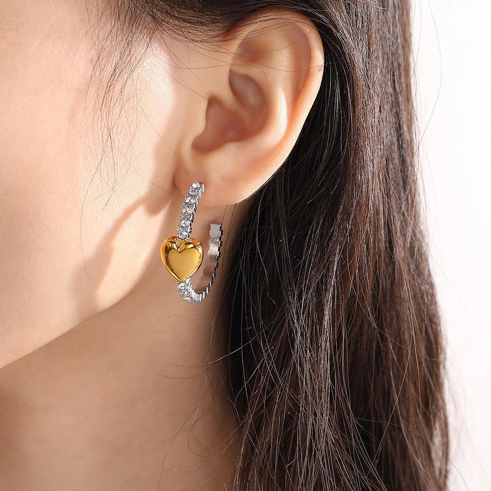 Hoop Earrings with Gold-Plated Heart and Crystal Arc, Stainless Steel