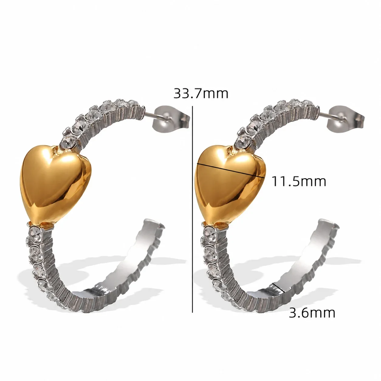 Hoop Earrings with Gold-Plated Heart and Crystal Arc, Stainless Steel - Two-Tone