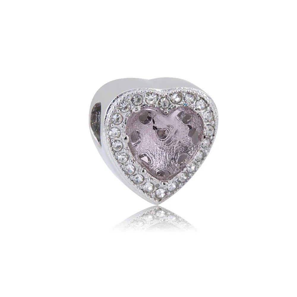 Polished Stainless Steel Heart Stone Bracelet Charm - Silver Pink Heart