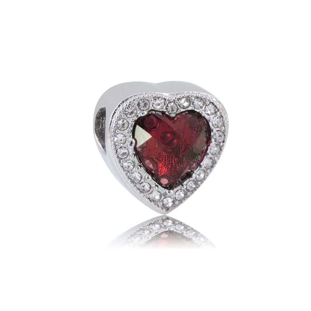 Polished Stainless Steel Heart Stone Bracelet Charm - Silver Red Heart