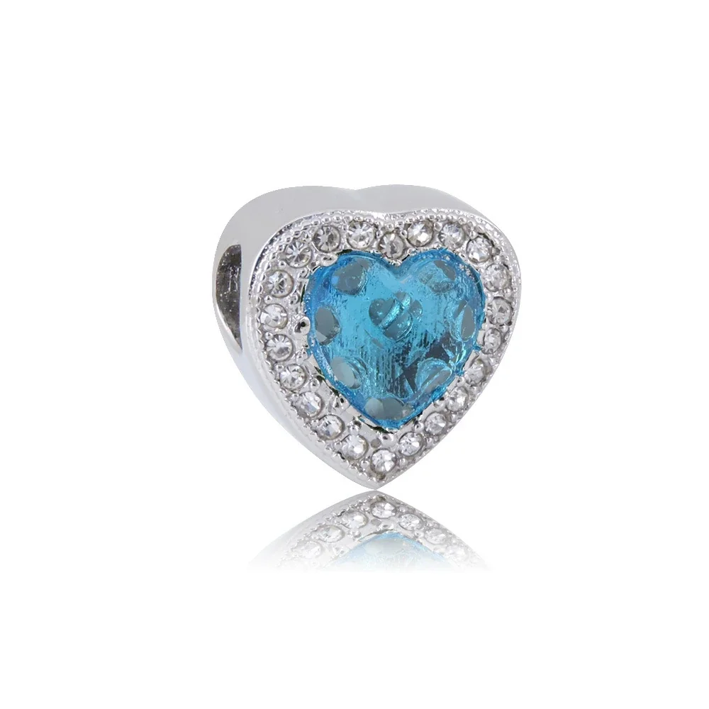 Polished Stainless Steel Heart Stone Bracelet Charm - Silver Aqua Heart