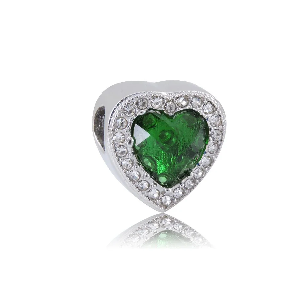 Polished Stainless Steel Heart Stone Bracelet Charm - Silver Green Heart