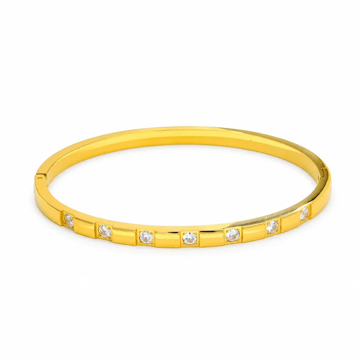 Bangle Bracelet with Bezel-Set CZ in Gold-Tone Stainless Steel