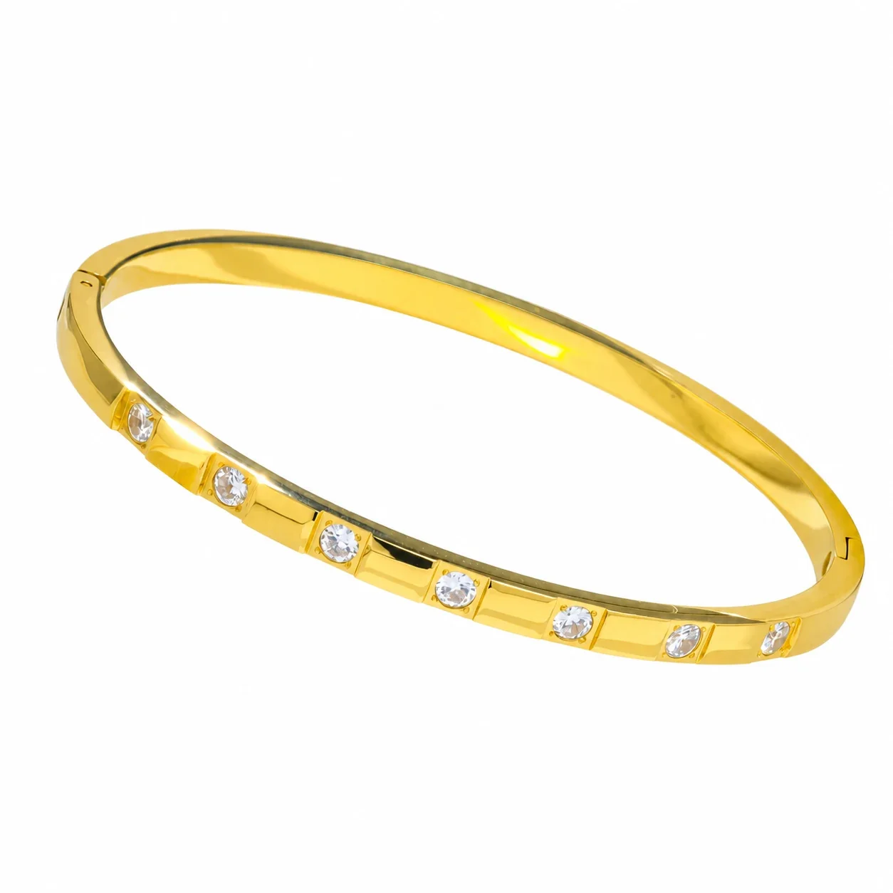 Bangle Bracelet with Bezel-Set CZ in Gold-Tone Stainless Steel