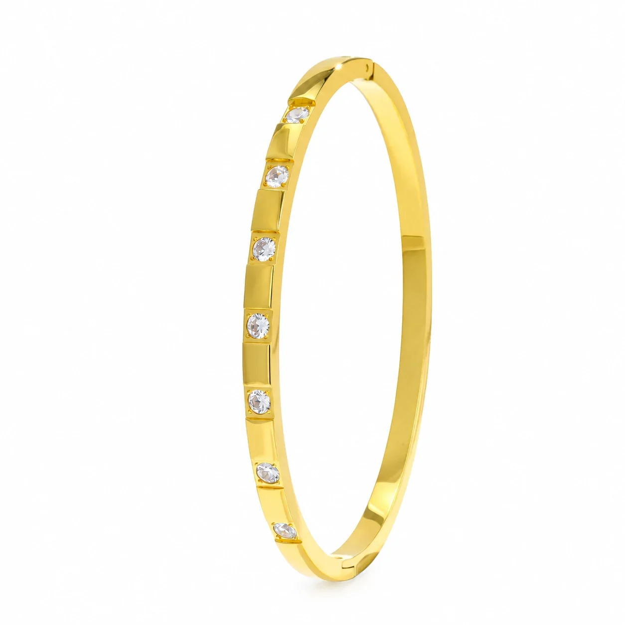 Bangle Bracelet with Bezel-Set CZ in Gold-Tone Stainless Steel