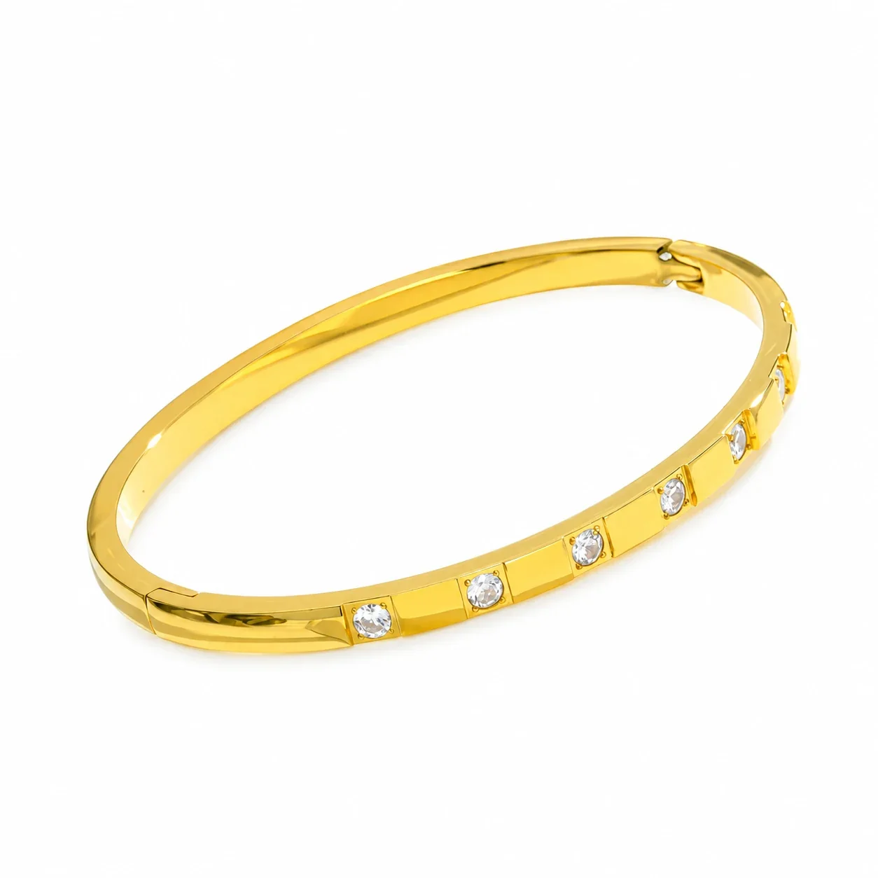 Bangle Bracelet with Bezel-Set CZ in Gold-Tone Stainless Steel