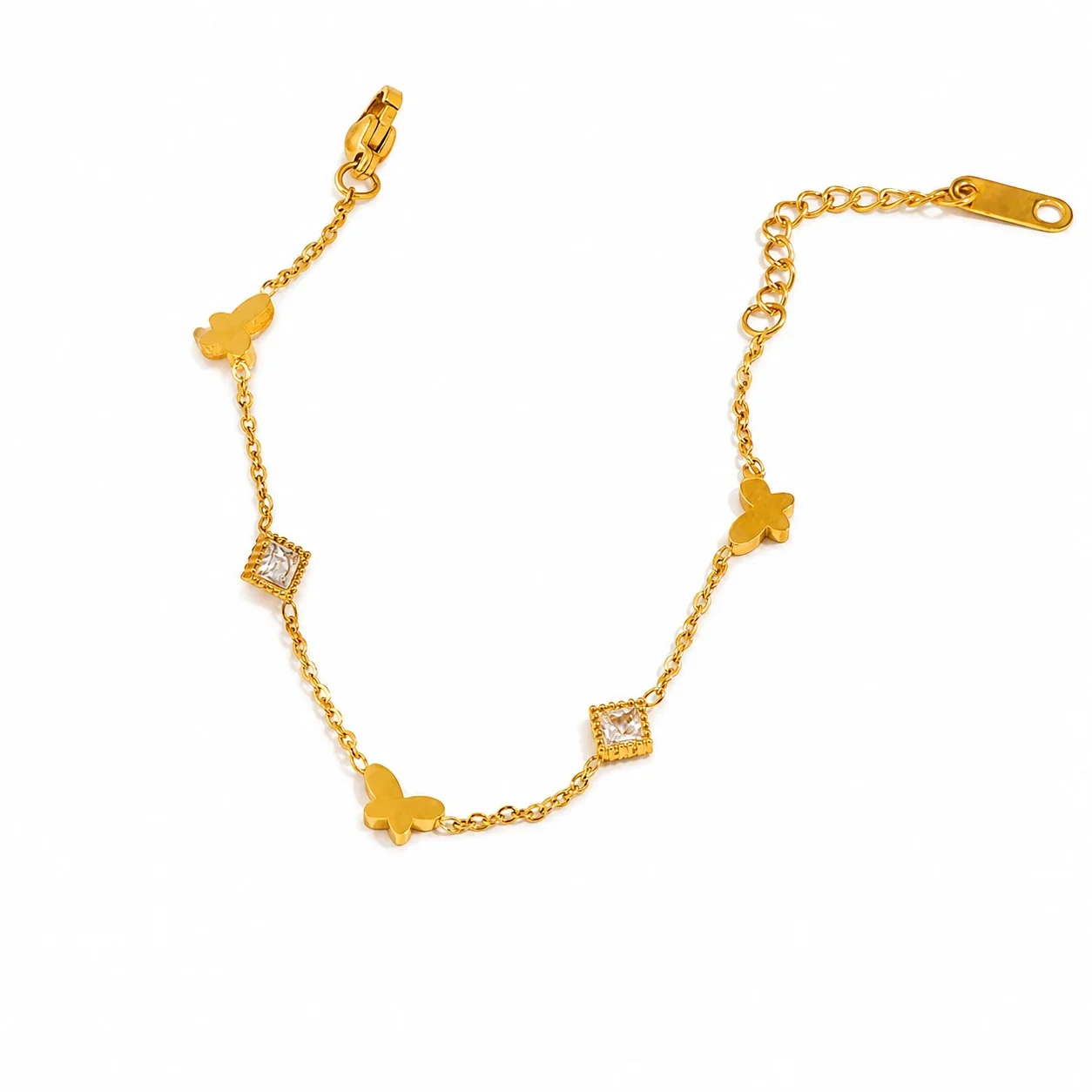 Delicate Gold-Plated Butterfly Square Crystal Bracelet