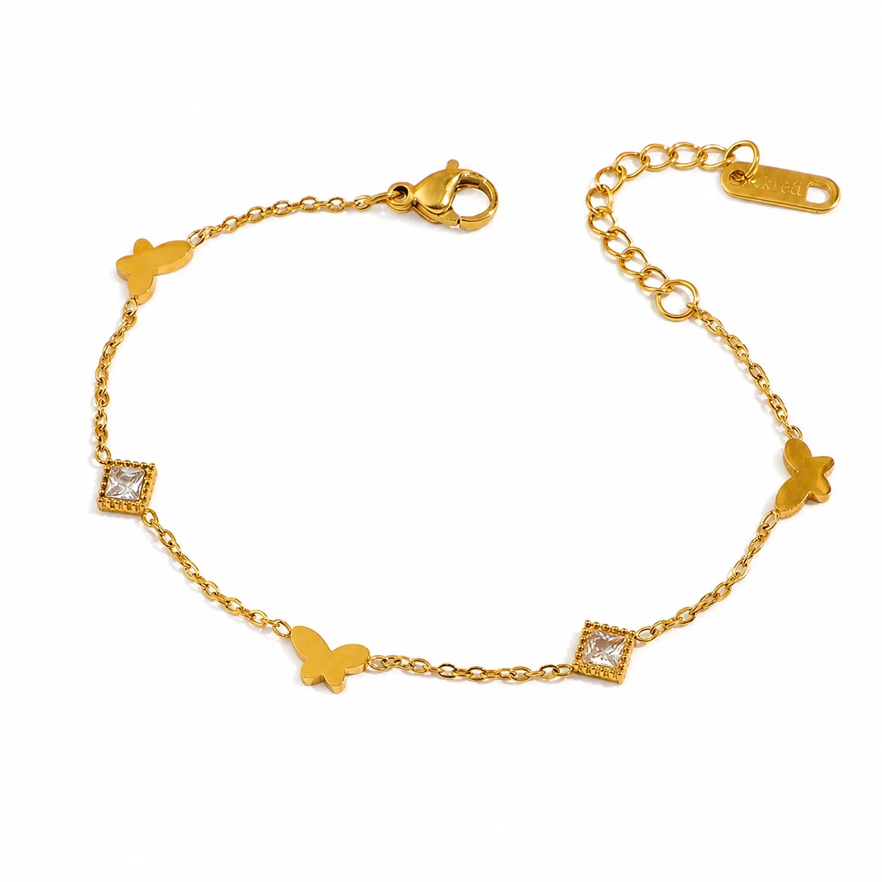 Delicate Gold-Plated Butterfly Square Crystal Bracelet - Gold