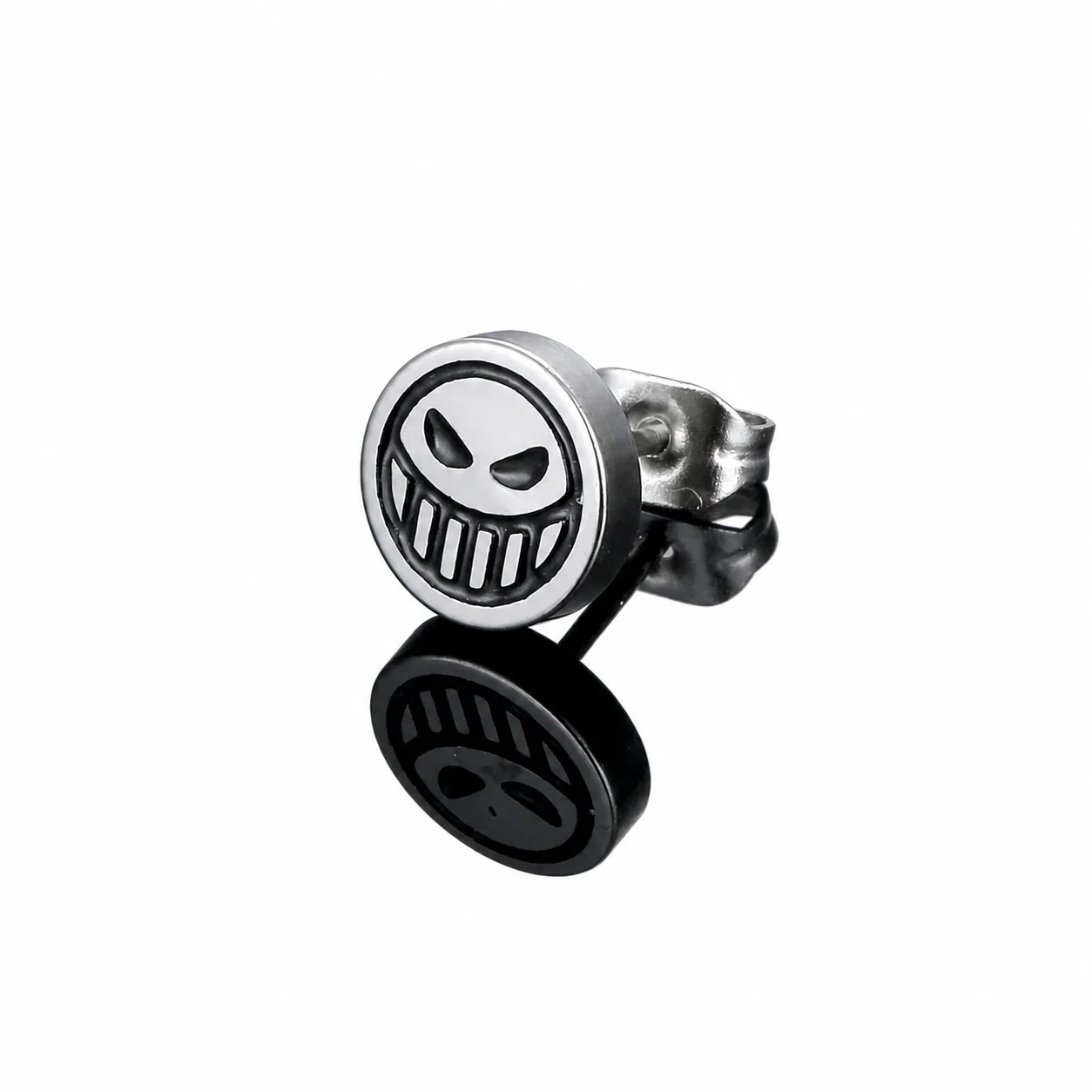 Graphic Stainless Steel Round Face Stud Earrings - Silver Butterfly Back