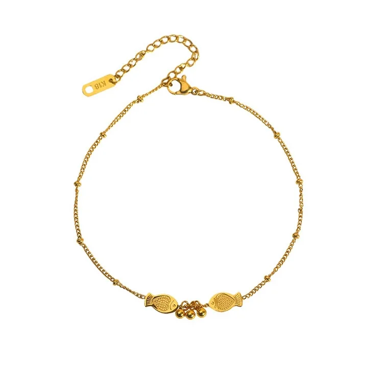 Anklet with Double Fish and Triple Bead Drops, Stainless Steel
