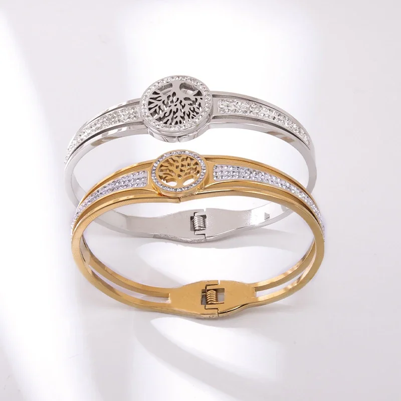 Bangle: Tree of Life Crystal Pavé Hinged Stainless Steel