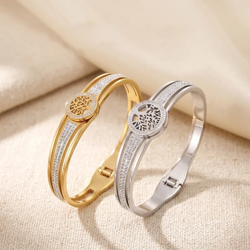 Bangle: Tree of Life Crystal Pavé Hinged Stainless Steel