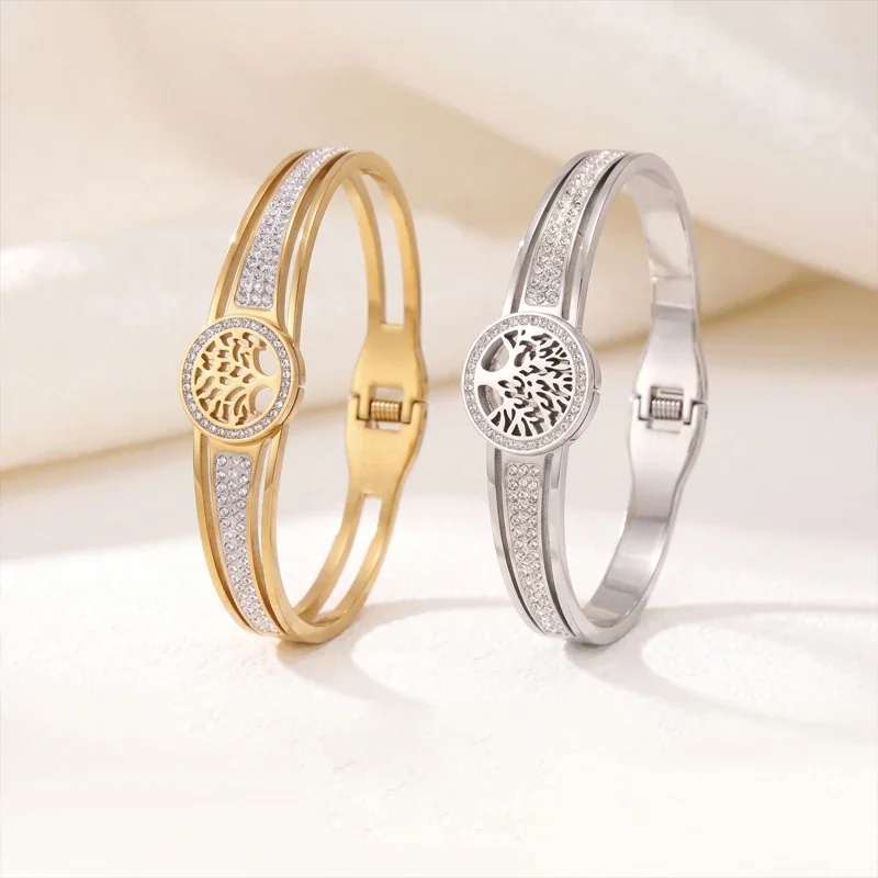 Bangle: Tree of Life Crystal Pavé Hinged Stainless Steel