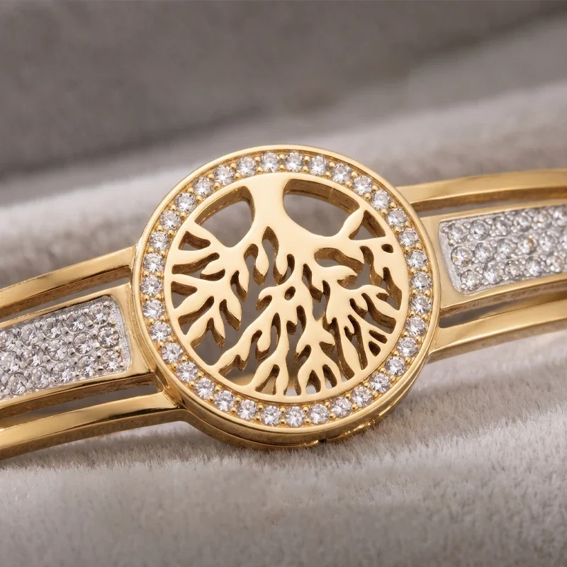 Bangle: Tree of Life Crystal Pavé Hinged Stainless Steel