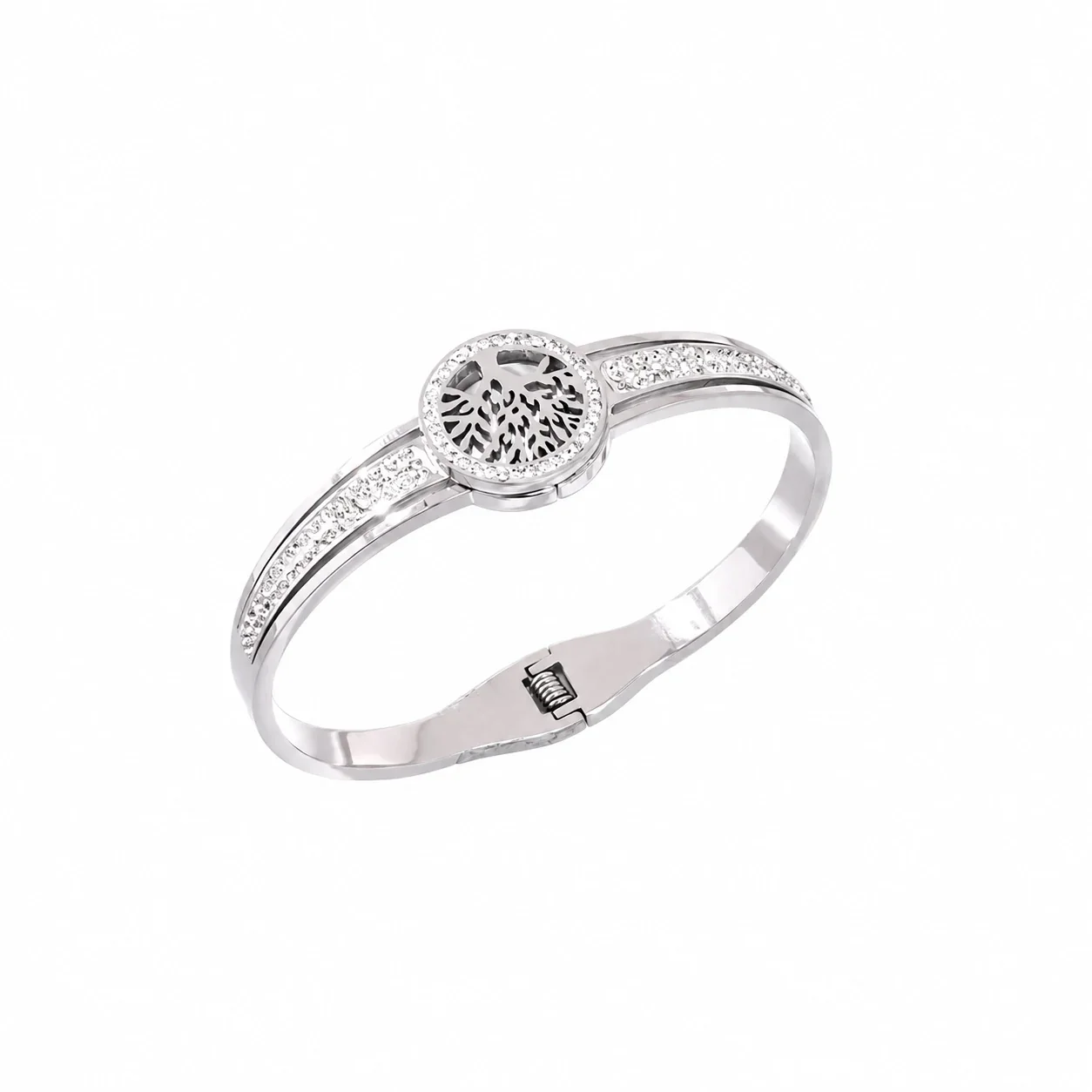 Bangle: Tree of Life Crystal Pavé Hinged Stainless Steel - Silver