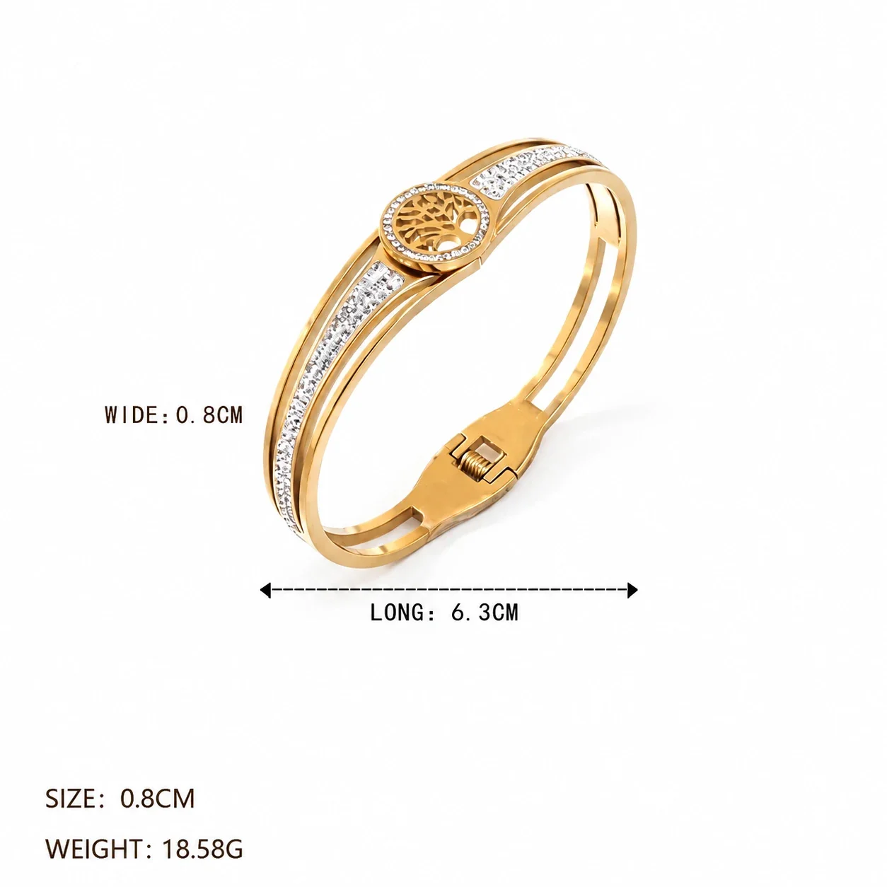 Bangle: Tree of Life Crystal Pavé Hinged Stainless Steel - Gold