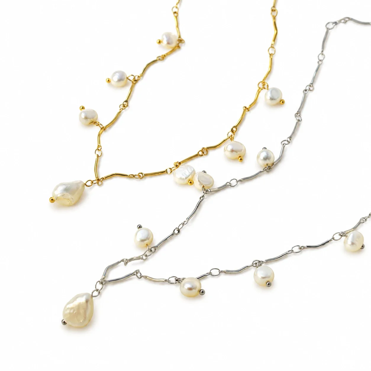 Freshwater Pearl Pendant Necklace, Wavy Bar-Link Stainless Steel