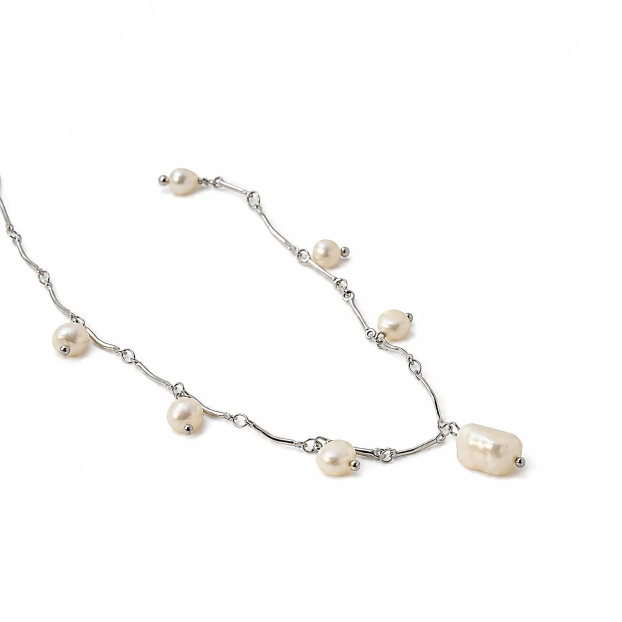 Freshwater Pearl Pendant Necklace, Wavy Bar-Link Stainless Steel
