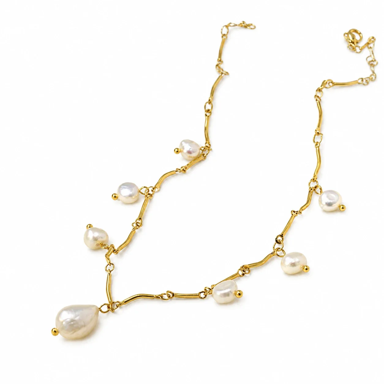 Freshwater Pearl Pendant Necklace, Wavy Bar-Link Stainless Steel