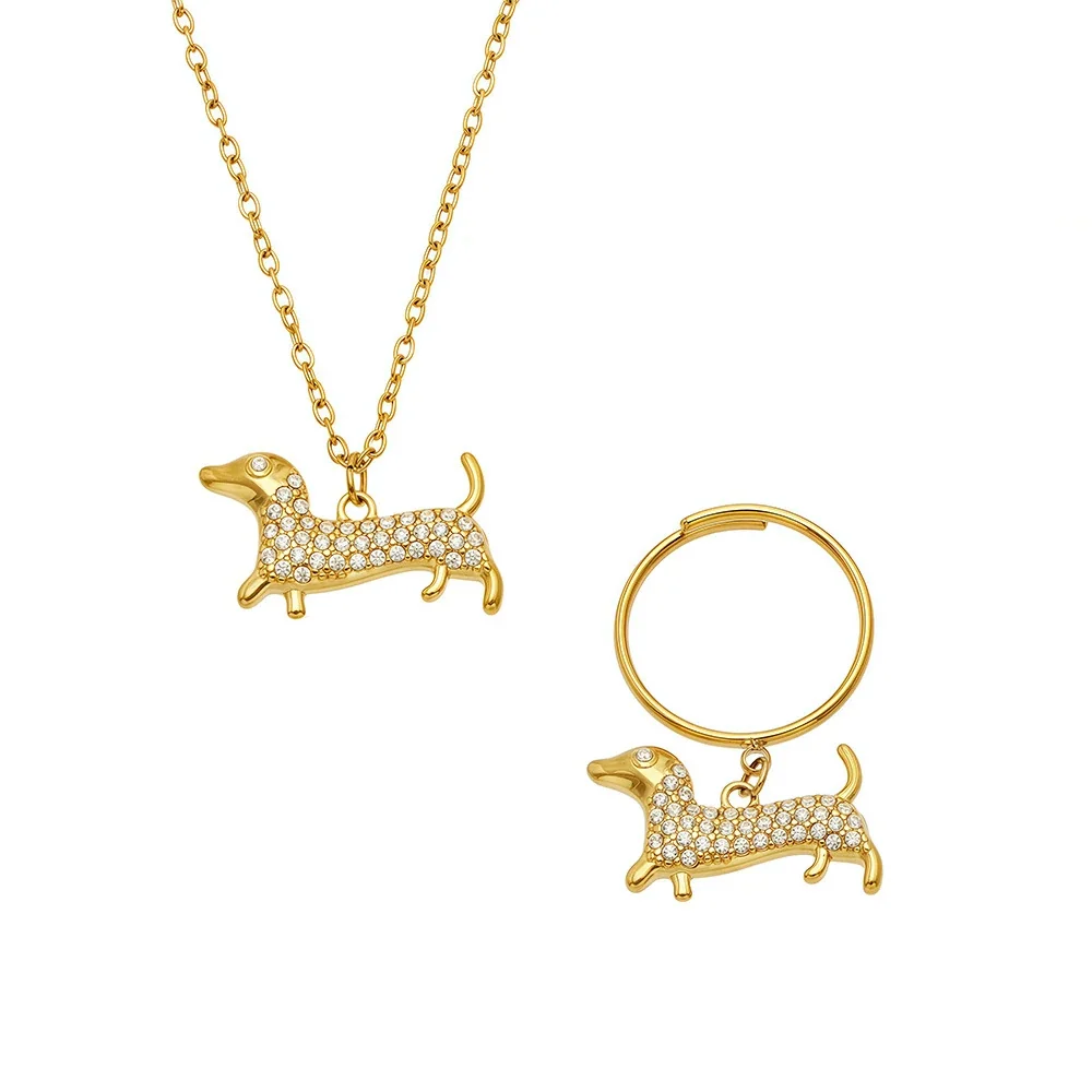 Pavé Dachshund 316L Stainless Steel Necklace Ring Set PVD