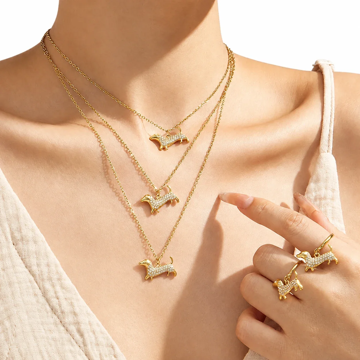 Pavé Dachshund 316L Stainless Steel Necklace Ring Set