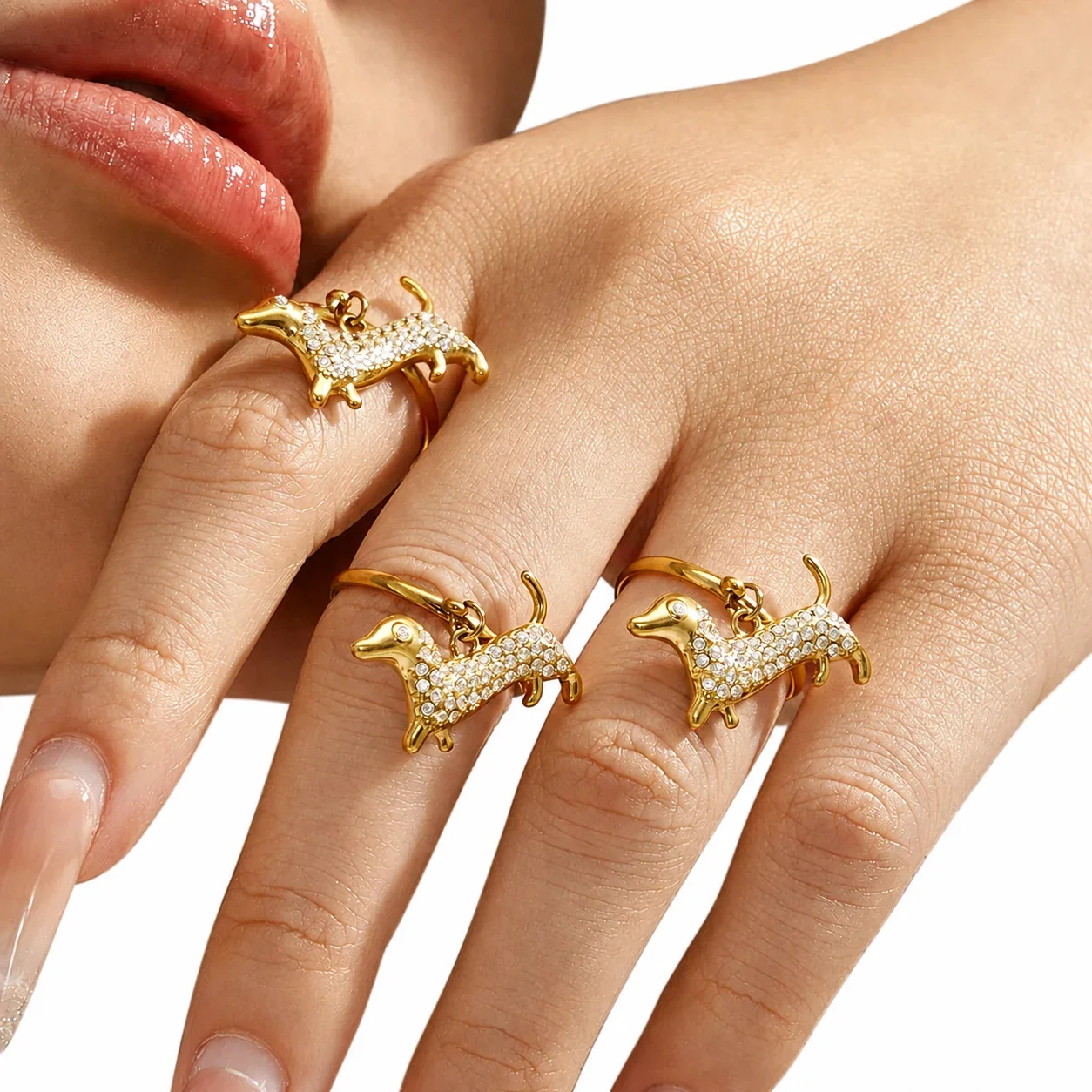 Pavé Dachshund 316L Stainless Steel Necklace Ring Set