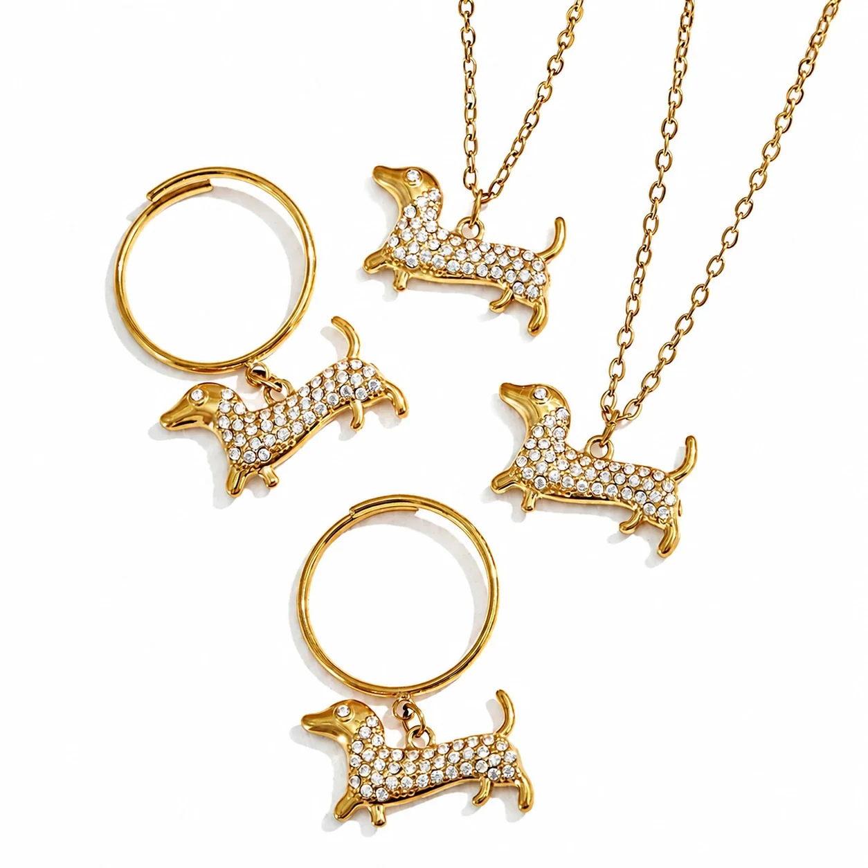 Pavé Dachshund 316L Stainless Steel Necklace Ring Set