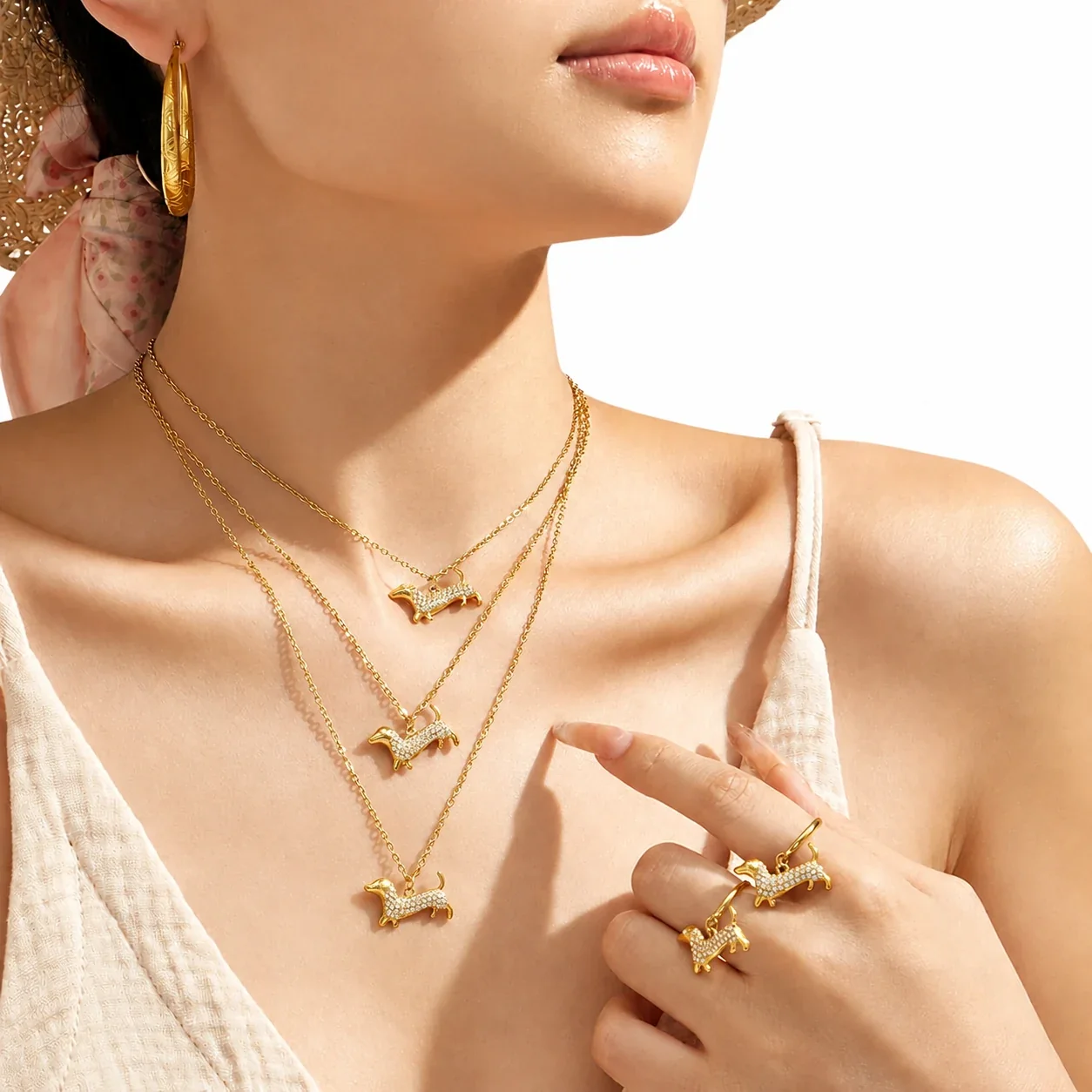 Pavé Dachshund 316L Stainless Steel Necklace Ring Set