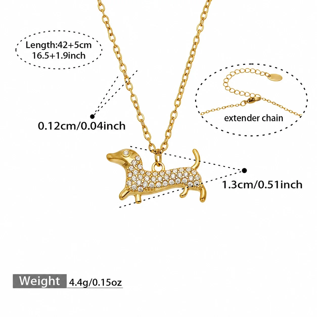 Pavé Dachshund 316L Stainless Steel Necklace Ring Set - Gold CZ Dog 42 + 5 cm