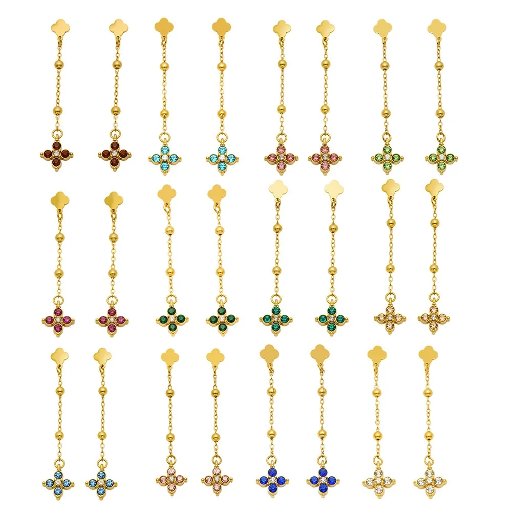 Clover 18K Gold PVD Chain Drop CZ 316L Stainless Steel Earrings