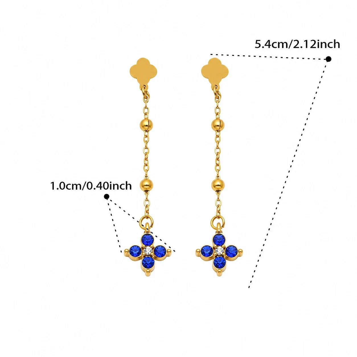 Clover 18K Gold-Plated Chain Drop CZ Earrings - Gold Royal Blue CZ
