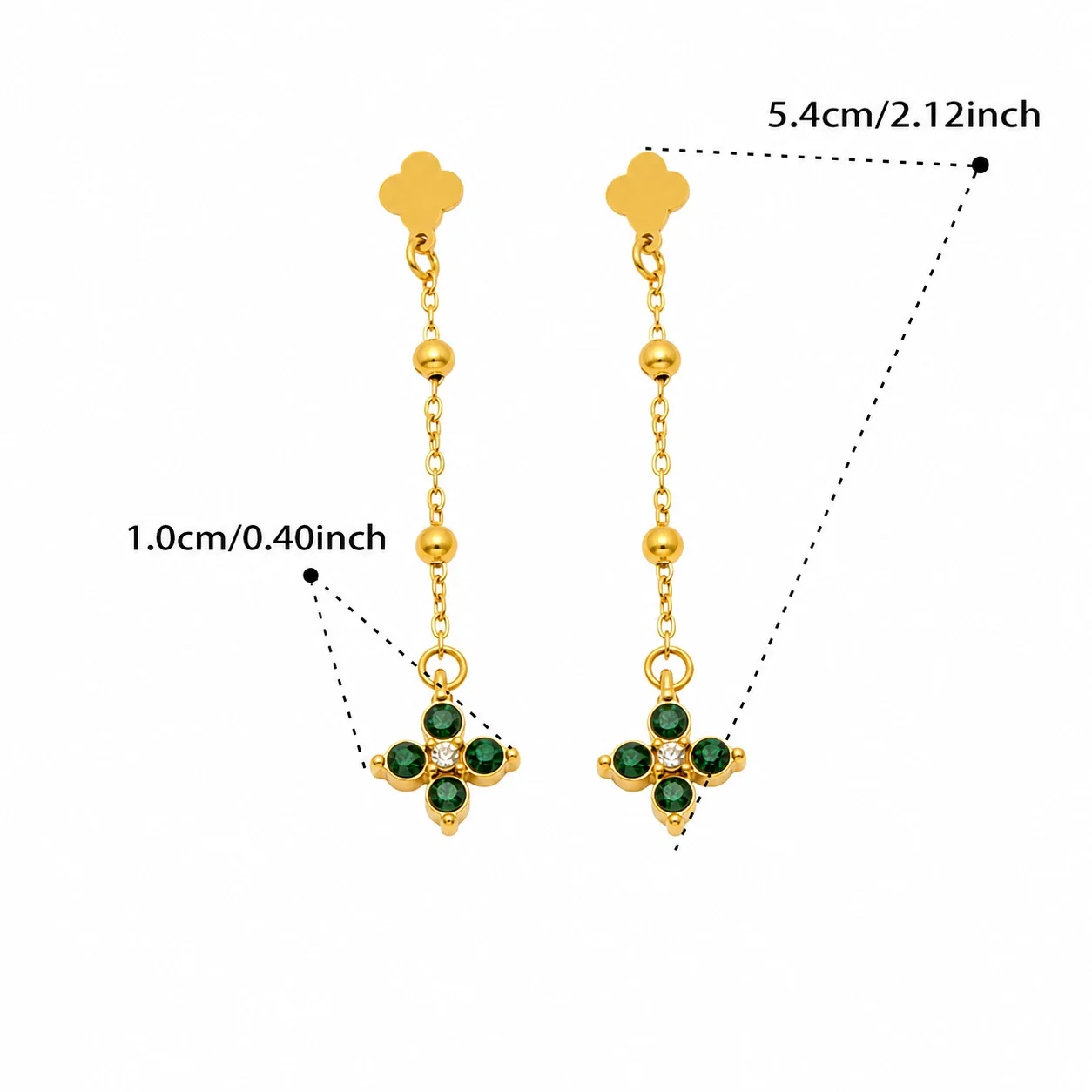 Clover 18K Gold-Plated Chain Drop CZ Earrings - Gold Green CZ