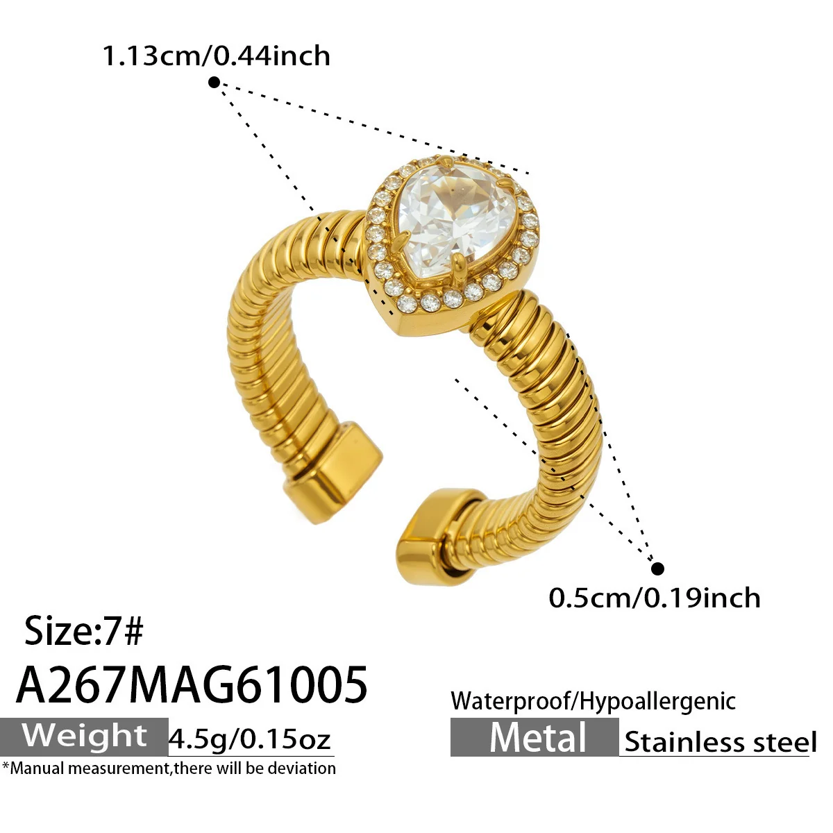 Open ring met geribbelde band en halo van cubic zirconia, roestvrij staal productfoto