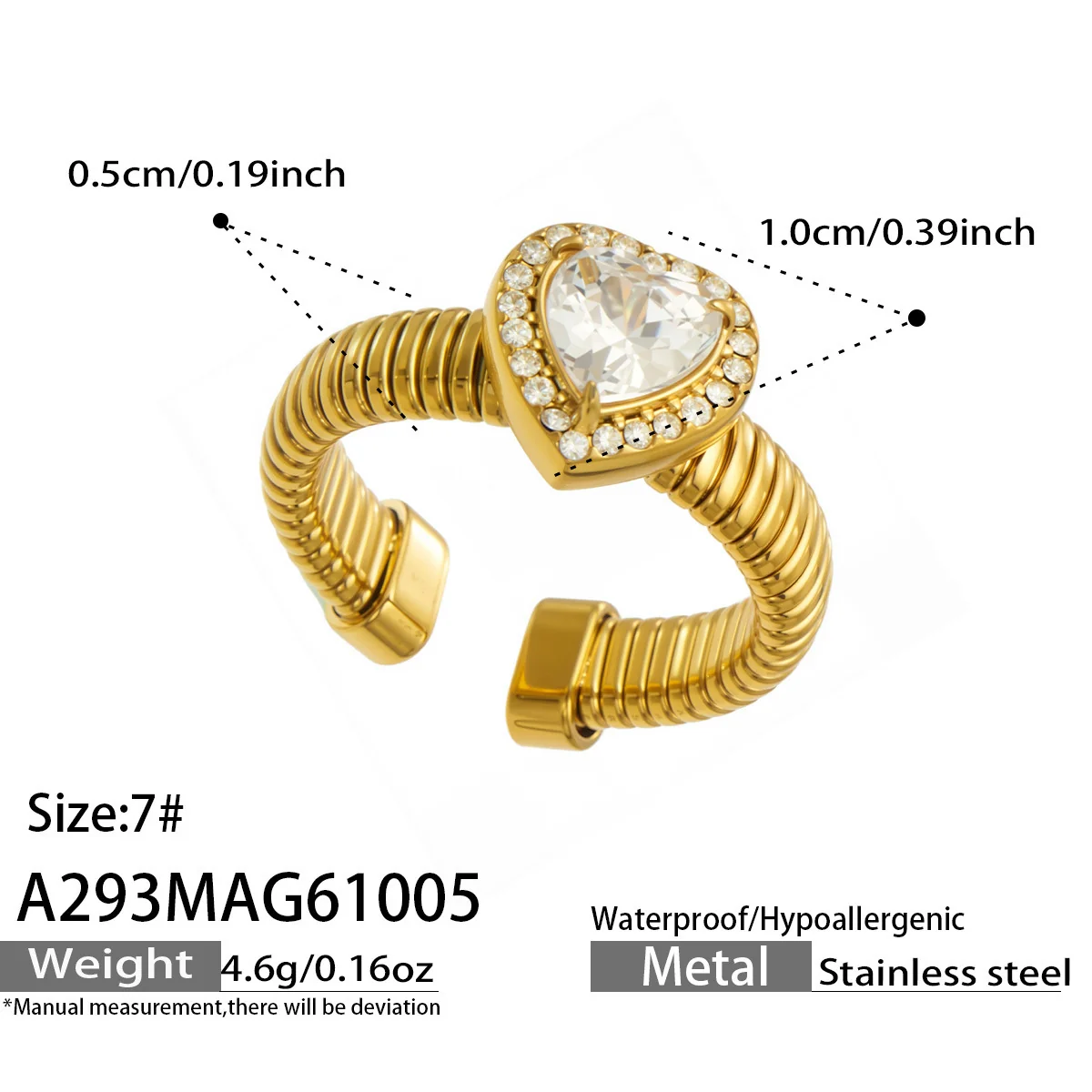 Open ring met geribbelde band en halo van cubic zirconia, roestvrij staal productfoto