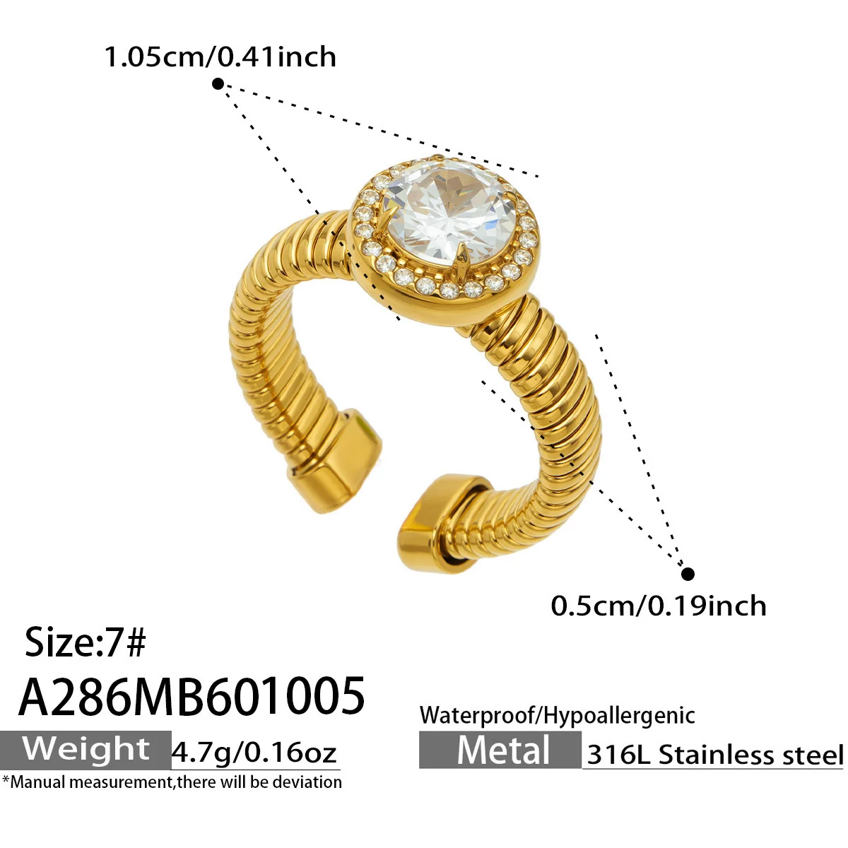 Open ring met geribbelde band en halo van cubic zirconia, roestvrij staal productfoto