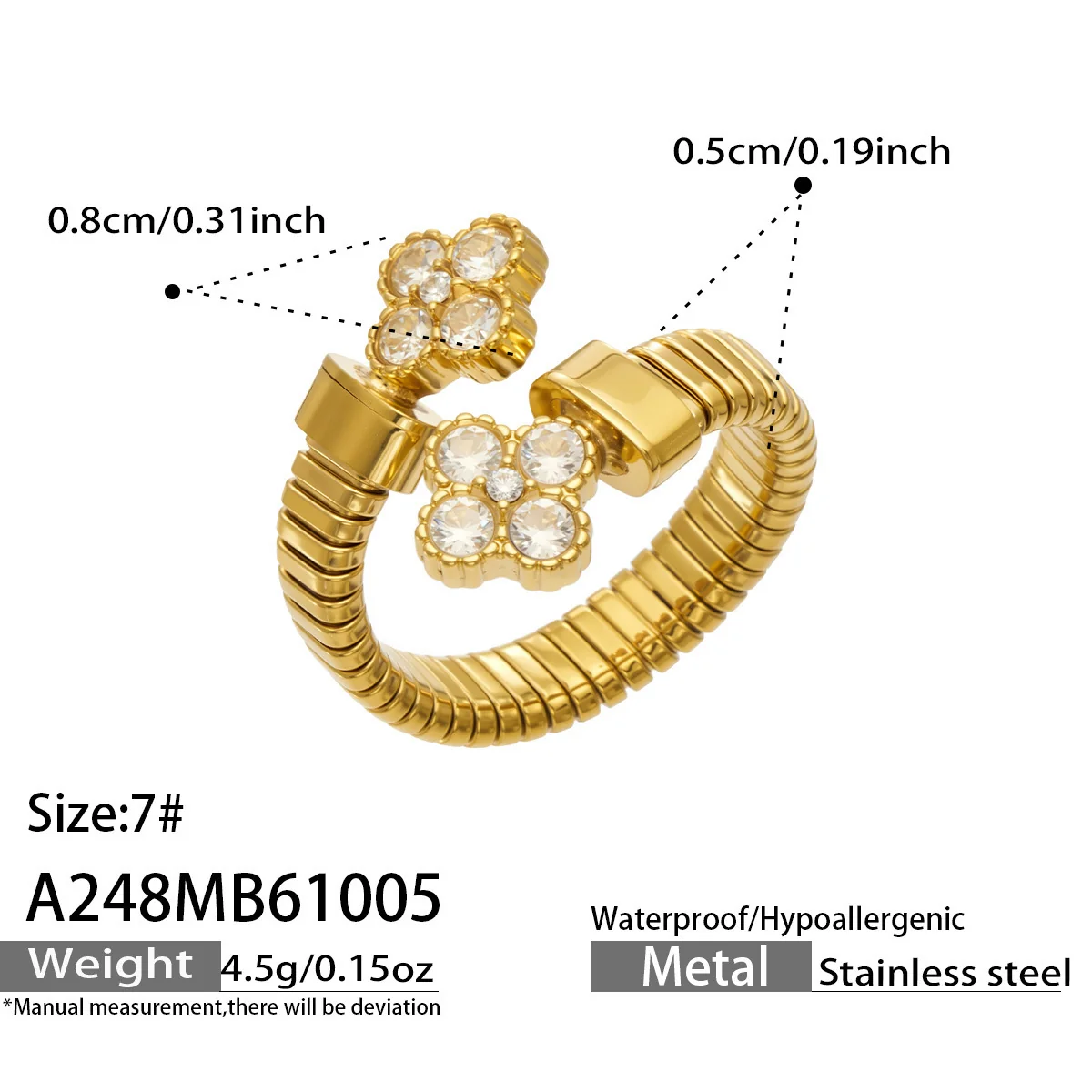 Open ring met geribbelde band en halo van cubic zirconia, roestvrij staal productfoto