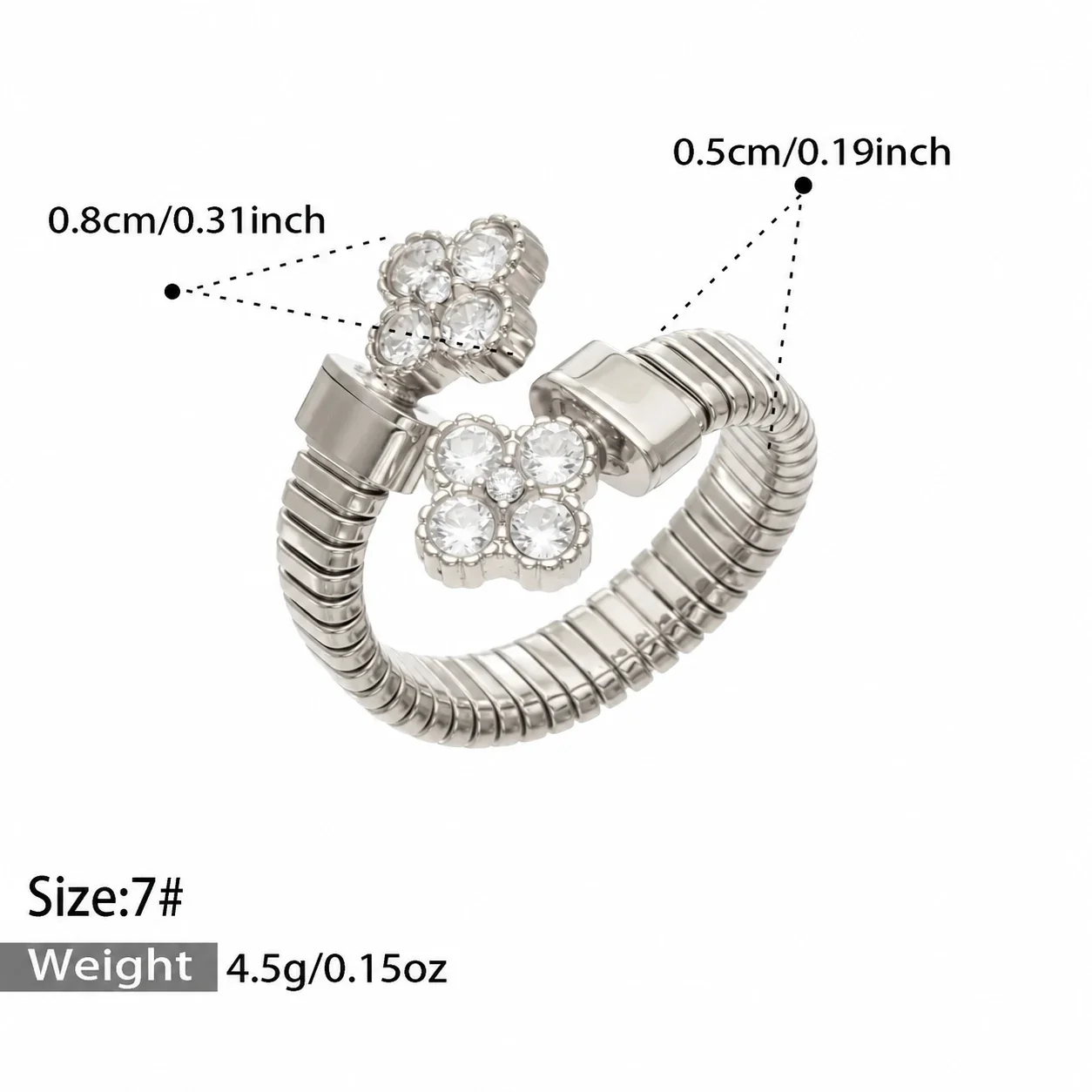 Open ring met geribbelde band en halo van cubic zirconia, roestvrij staal productfoto