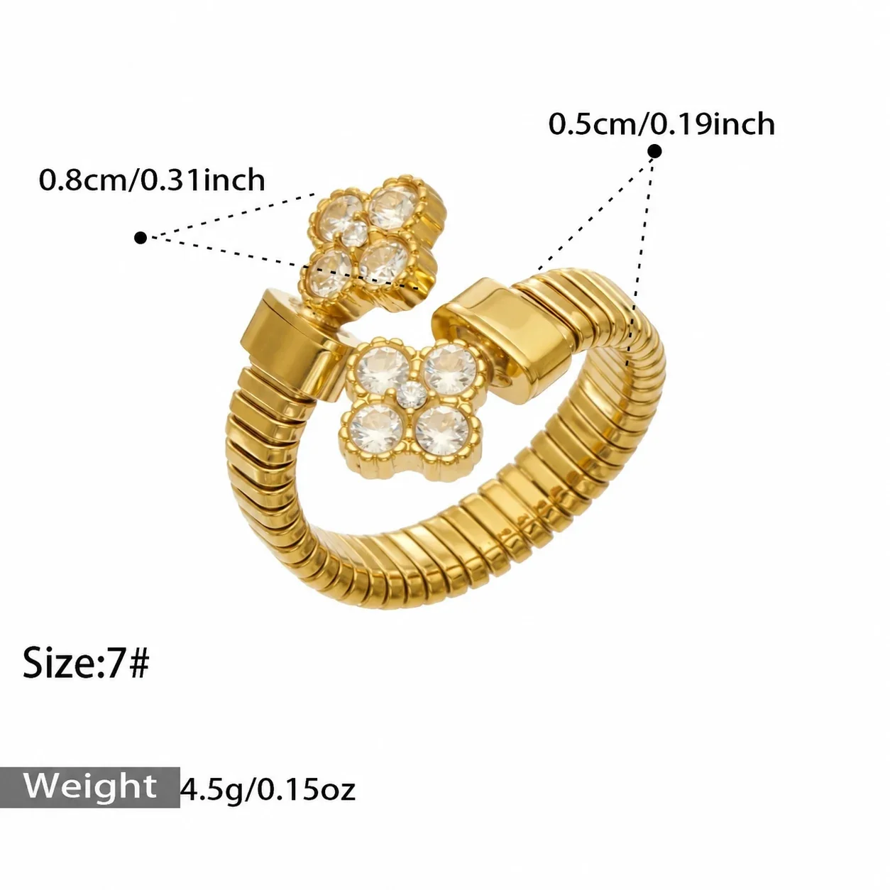 Open ring met geribbelde band en halo van cubic zirconia, roestvrij staal productfoto