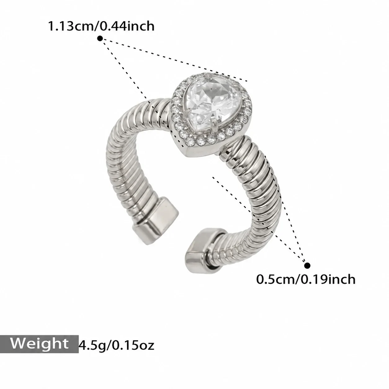 Open ring met geribbelde band en halo van cubic zirconia, roestvrij staal productfoto