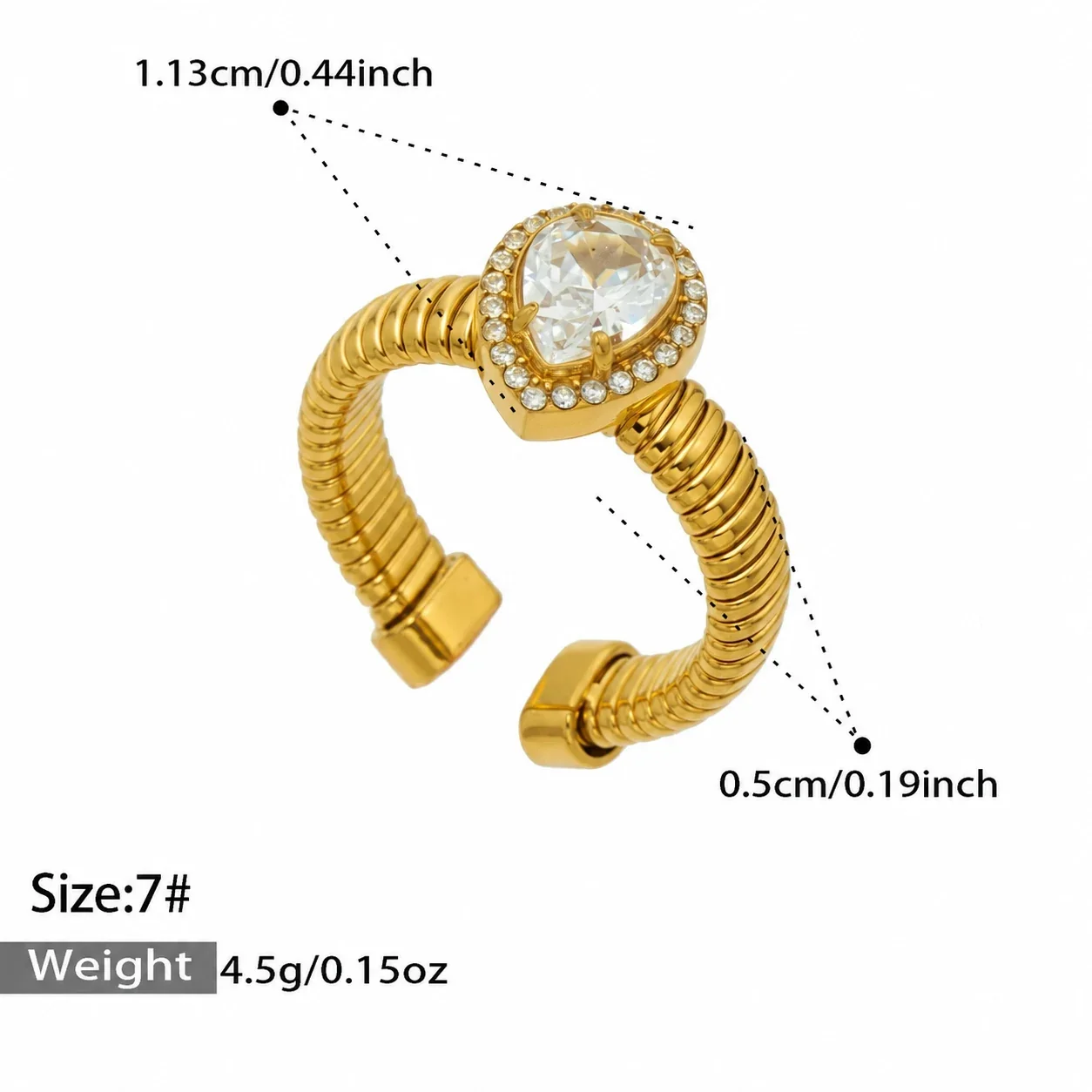 Open ring met geribbelde band en halo van cubic zirconia, roestvrij staal productfoto