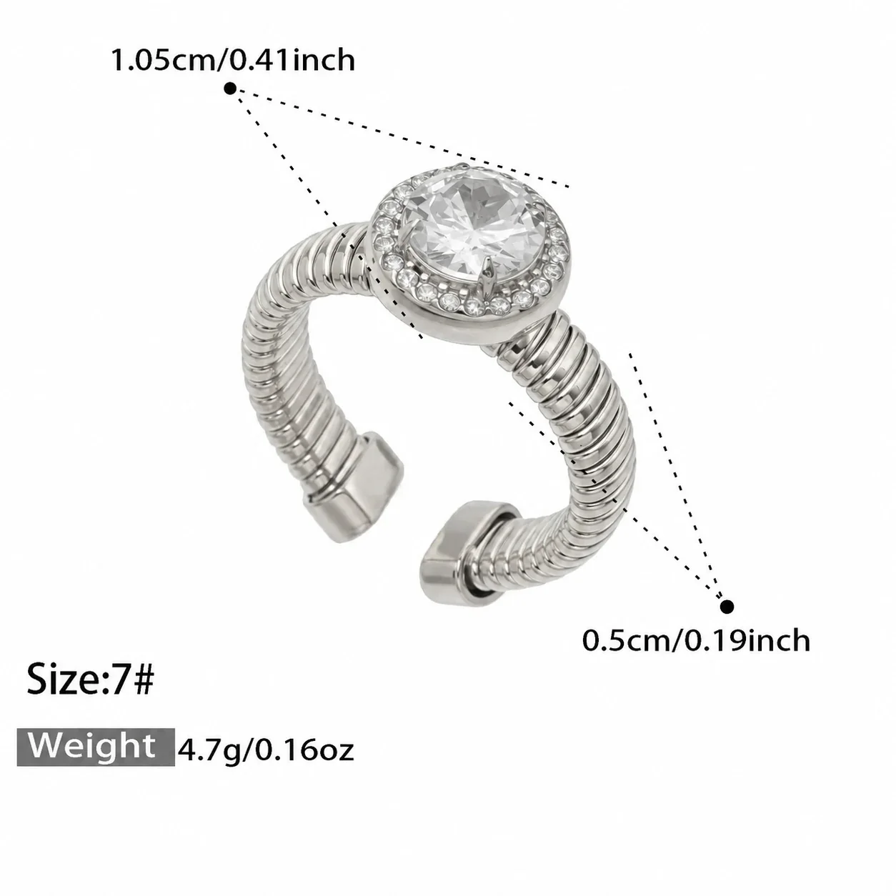 Open ring met geribbelde band en halo van cubic zirconia, roestvrij staal productfoto