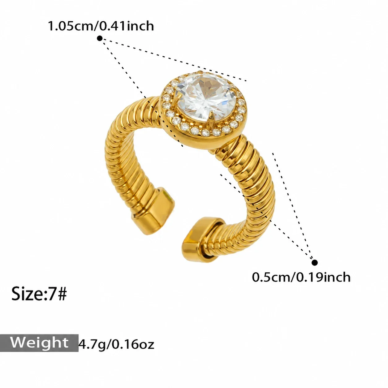 Open ring met geribbelde band en halo van cubic zirconia, roestvrij staal productfoto