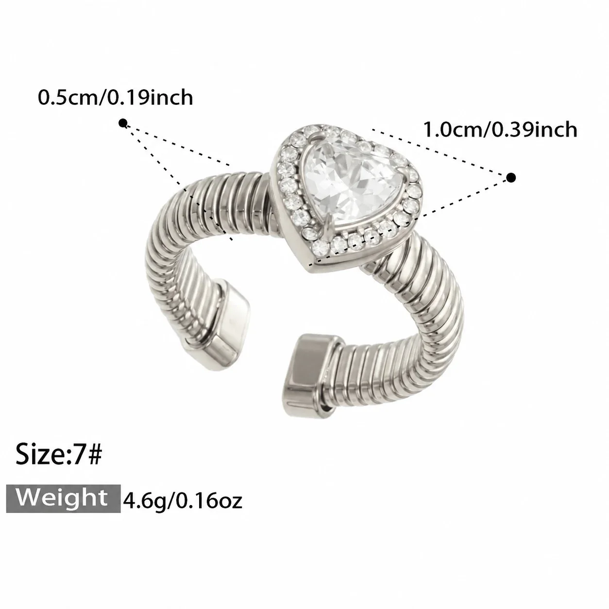 Open ring met geribbelde band en halo van cubic zirconia, roestvrij staal productfoto