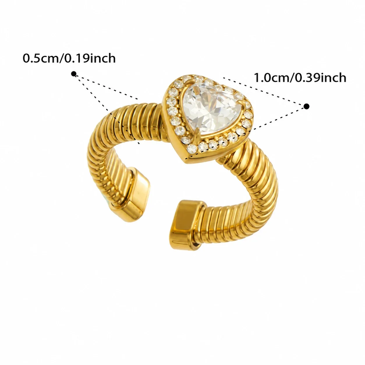 Open ring met geribbelde band en halo van cubic zirconia, roestvrij staal productfoto