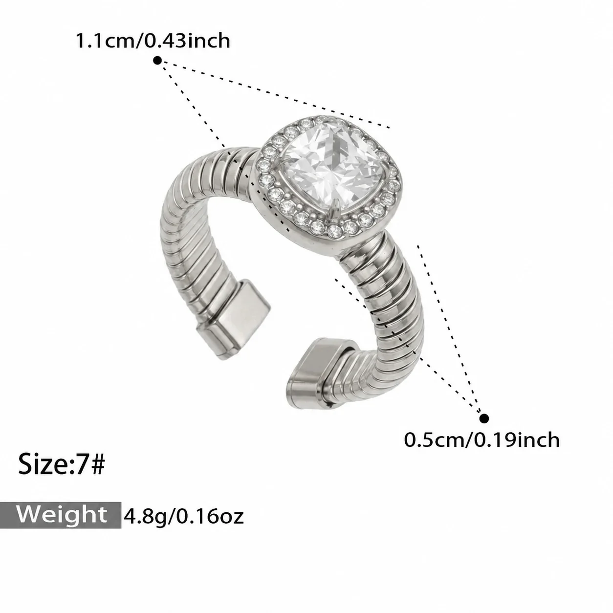 Open ring met geribbelde band en halo van cubic zirconia, roestvrij staal productfoto