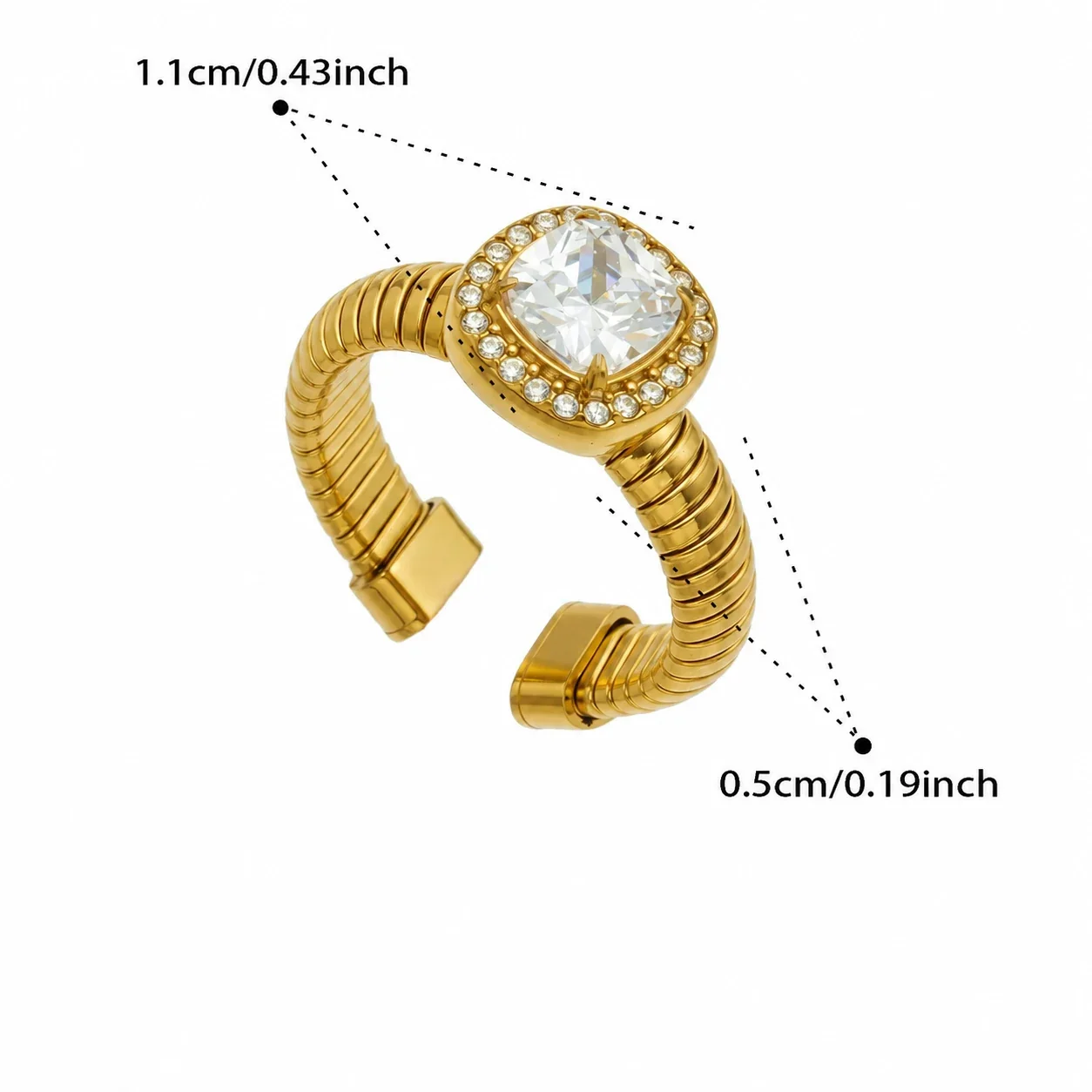 Open ring met geribbelde band en halo van cubic zirconia, roestvrij staal productfoto