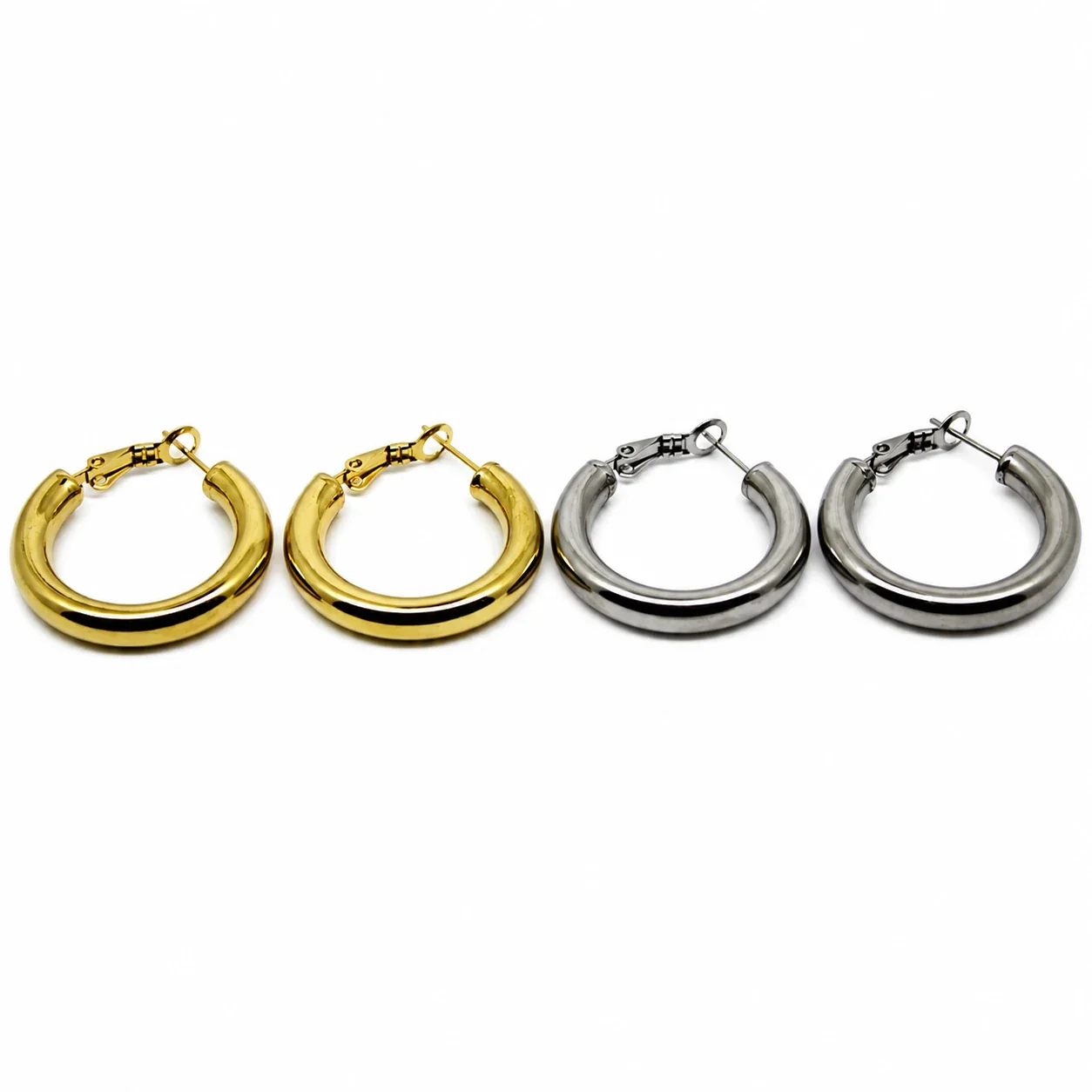 Bold Stainless Steel Tube-Hoop Spring-Clasp Hoop Earrings
