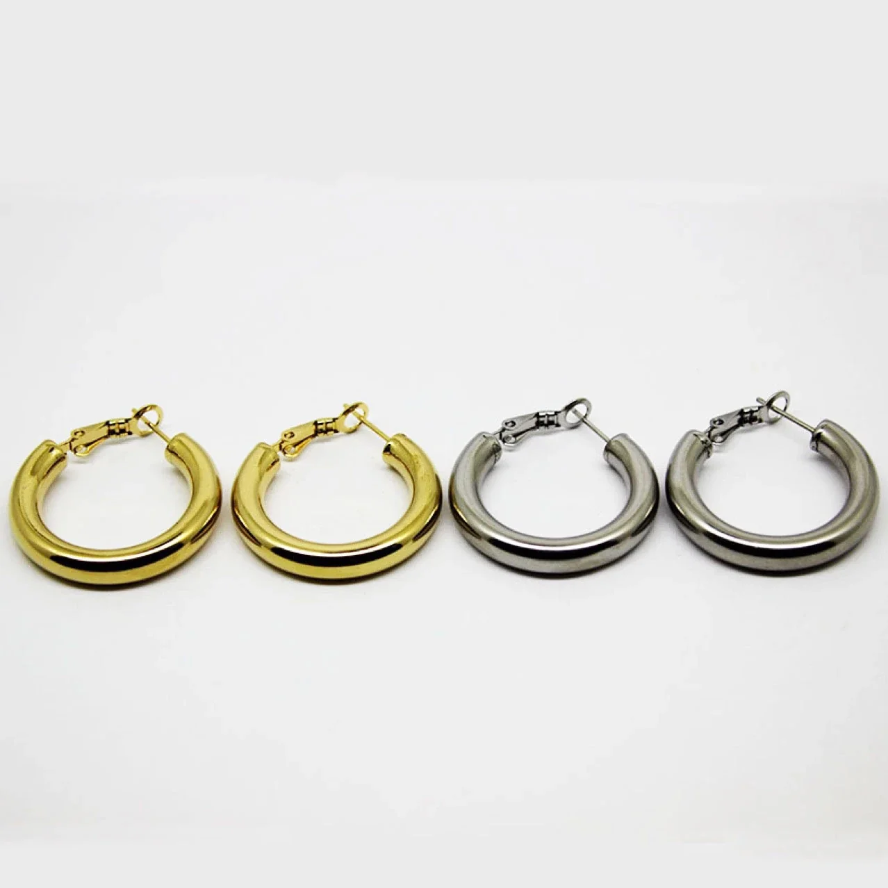 Bold Stainless Steel Tube-Hoop Spring-Clasp Hoop Earrings