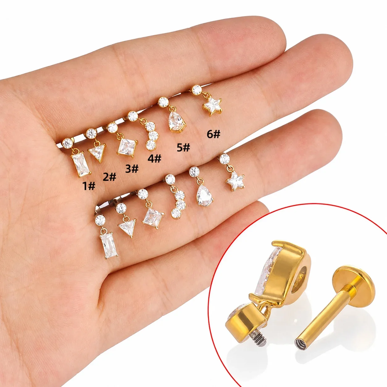 316 Stainless Steel CZ Dangle Labret Stud Earring - Gold