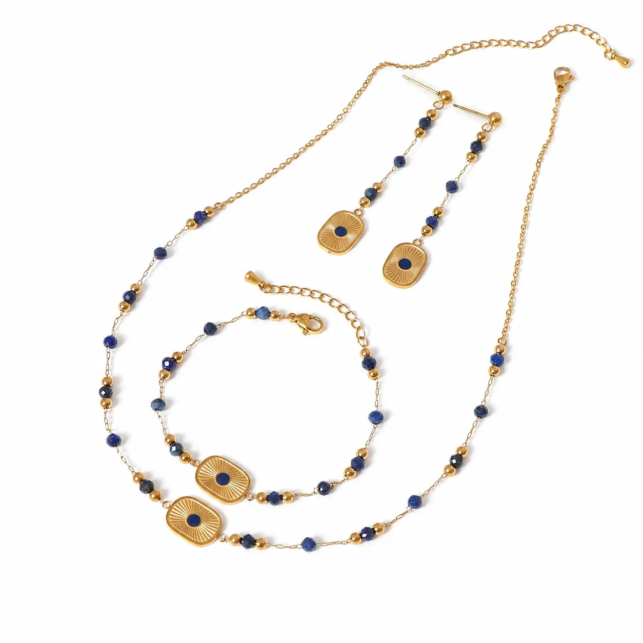 Radiant Gold-Tone Lapis Bead Geometric Jewelry Set